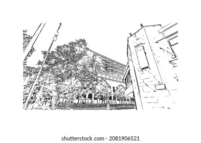 Building view with landmark of Liege is the 
city in Belgium. Hand drawn sketch illustration in vector.