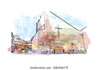 Building view with landmark of Liege is the 
city in Belgium. Watercolor splash with hand drawn sketch illustration in vector.