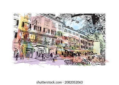 Der Blick auf das Gebäude mit Wahrzeichen Lienz ist der 
Stadt in Österreich. Aquarellspritzer mit handgezeichneter Skizzengrafik in Vektorgrafik.