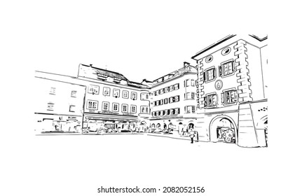 La vista de construcción con el punto de referencia de Lienz es la 
ciudad de Austria. Dibujo a mano de ilustración de esbozo en vector.
