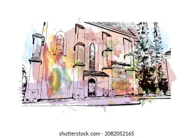 Building view with landmark of Lienz is the 
town in Austria. Watercolor splash with hand drawn sketch illustration in vector.