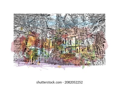 Building view with landmark of Lienz is the 
town in Austria. Watercolor splash with hand drawn sketch illustration in vector.
