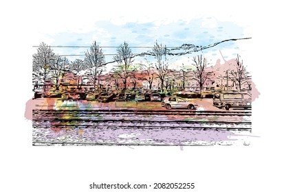 Building view with landmark of Lienz is the 
town in Austria. Watercolor splash with hand drawn sketch illustration in vector.