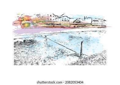Building view with landmark of Lienz is the 
town in Austria. Watercolor splash with hand drawn sketch illustration in vector.