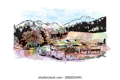 Building view with landmark of Lienz is the 
town in Austria. Watercolor splash with hand drawn sketch illustration in vector.
