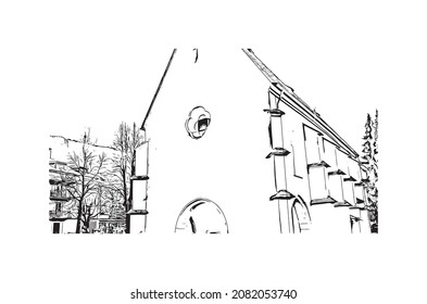Building view with landmark of Lienz is the 
town in Austria. Hand drawn sketch illustration in vector.