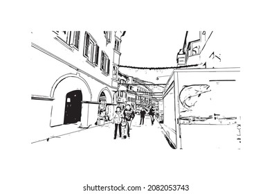 Building view with landmark of Lienz is the 
town in Austria. Hand drawn sketch illustration in vector.