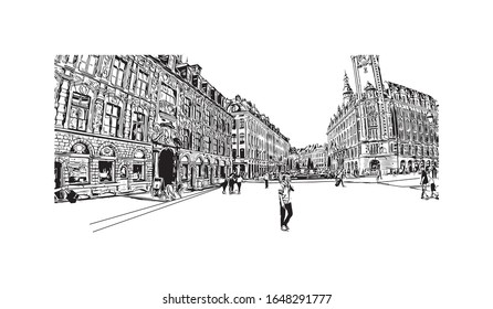 Building view with landmark of Lille is a city at the northern tip of France, in French Flanders. Hand drawn sketch illustration in vector.