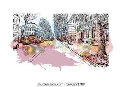 Building view with landmark of Lille is a city at the northern tip of France, in French Flanders. Watercolor splash with Hand drawn sketch illustration in vector.