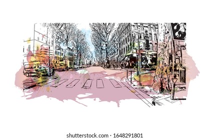 Building view with landmark of Lille is a city at the northern tip of France, in French Flanders. Watercolor splash with Hand drawn sketch illustration in vector.