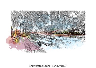 Building view with landmark of Lille is a city at the northern tip of France, in French Flanders. Watercolor splash with Hand drawn sketch illustration in vector.