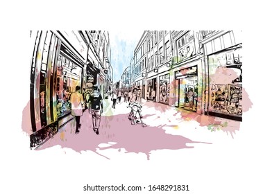 Building view with landmark of Lille is a city at the northern tip of France, in French Flanders. Watercolor splash with Hand drawn sketch illustration in vector.