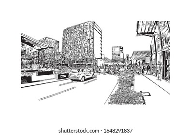 Building view with landmark of Lille is a city at the northern tip of France, in French Flanders. Watercolor splash with Hand drawn sketch illustration in vector.