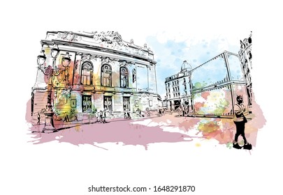 Building view with landmark of Lille is a city at the northern tip of France, in French Flanders. Watercolor splash with Hand drawn sketch illustration in vector.