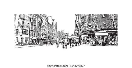 Building view with landmark of Lille is a city at the northern tip of France, in French Flanders. Hand drawn sketch illustration in vector.