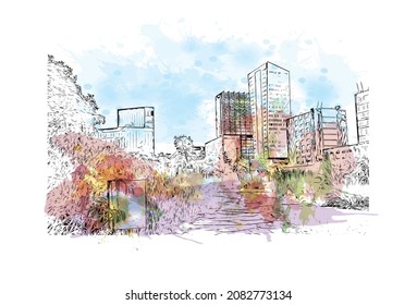 Building view with landmark of Lille is the 
city in France. Watercolor splash with hand drawn sketch illustration in vector.