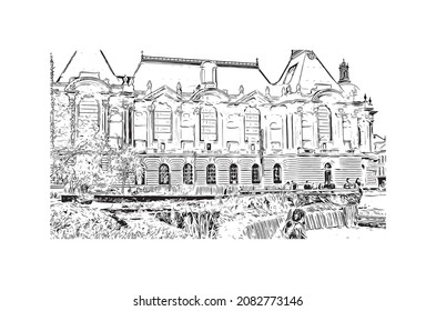 Building view with landmark of Lille is the 
city in France. Hand drawn sketch illustration in vector.