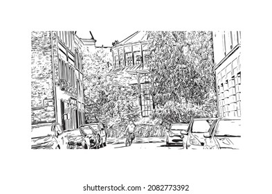 Building view with landmark of Lille is the 
city in France. Hand drawn sketch illustration in vector.