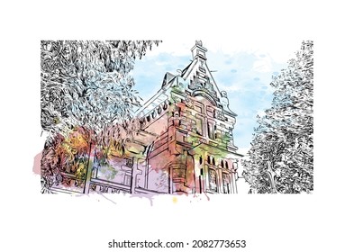 Building view with landmark of Lille is the 
city in France. Watercolor splash with hand drawn sketch illustration in vector.