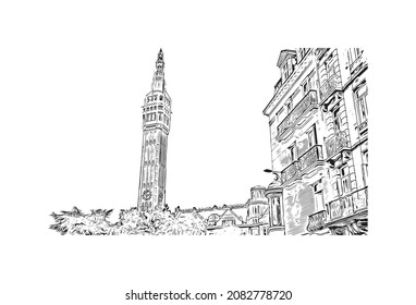 Building view with landmark of Lille is the 
city in France. Hand drawn sketch illustration in vector.