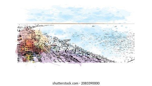 Building view with landmark of Limassol is the 
city in Cyprus. Watercolor splash with hand drawn sketch illustration in vector.