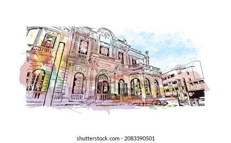 Building view with landmark of Limassol is the 
city in Cyprus. Watercolor splash with hand drawn sketch illustration in vector.