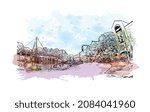 Building view with landmark of Limerick is the 
city in Ireland. Watercolor splash with hand drawn sketch illustration in vector.