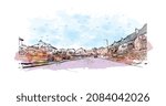 Building view with landmark of Limerick is the 
city in Ireland. Watercolor splash with hand drawn sketch illustration in vector.