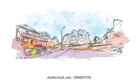 Building view with landmark of Limerick is the 
city in Ireland. Watercolor splash with hand drawn sketch illustration in vector.