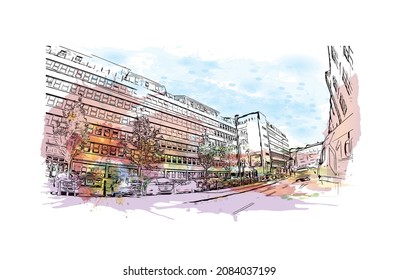 Der Blick auf das Gebäude mit Wahrzeichen Limerick ist der 
Stadt in Irland. Aquarellspritzer mit handgezeichneter Skizzengrafik in Vektorgrafik.