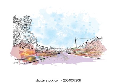 La vista de edificio con un punto de referencia de Limerick es el 
ciudad de Irlanda. Salto de color de agua con ilustración de esbozo dibujada a mano en vector.