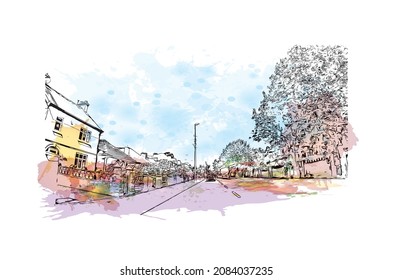 La vista de edificio con un punto de referencia de Limerick es el 
ciudad de Irlanda. Salto de color de agua con ilustración de esbozo dibujada a mano en vector.