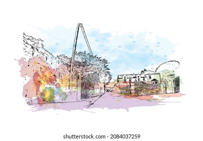 Building view with landmark of Limerick is the 
city in Ireland. Watercolor splash with hand drawn sketch illustration in vector.
