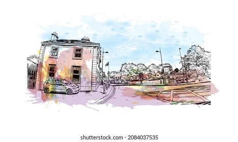 Building view with landmark of Limerick is the 
city in Ireland. Watercolor splash with hand drawn sketch illustration in vector.