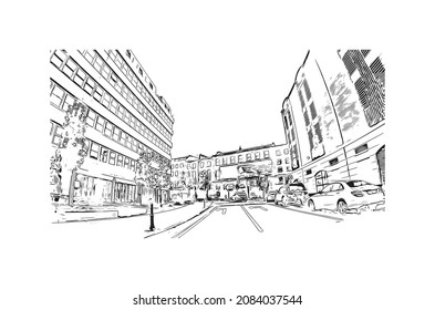 Building view with landmark of Limerick is the 
city in Ireland. Hand drawn sketch illustration in vector.