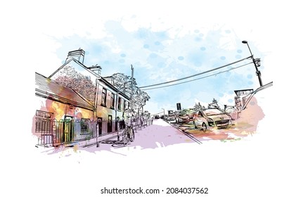 La vista de edificio con un punto de referencia de Limerick es el 
ciudad de Irlanda. Salto de color de agua con ilustración de esbozo dibujada a mano en vector.