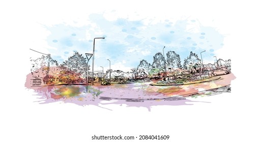 La vista de edificio con un punto de referencia de Limerick es el 
ciudad de Irlanda. Salto de color de agua con ilustración de esbozo dibujada a mano en vector.