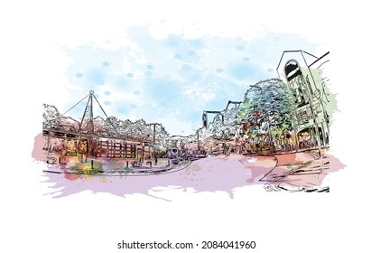 Building view with landmark of Limerick is the 
city in Ireland. Watercolor splash with hand drawn sketch illustration in vector.