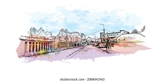 Building view with landmark of Limerick is the 
city in Ireland. Watercolor splash with hand drawn sketch illustration in vector.