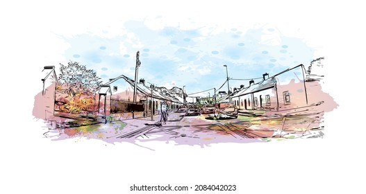 Building view with landmark of Limerick is the 
city in Ireland. Watercolor splash with hand drawn sketch illustration in vector.