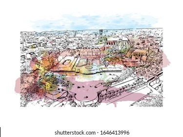 Building view with landmark of Limoges is a city in southwest-central France. Watercolor splash with Hand drawn sketch illustration in vector.