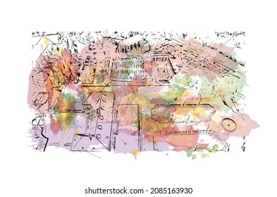 Building view with landmark of Limoges is the 
city in France. Watercolor splash with hand drawn sketch illustration in vector.