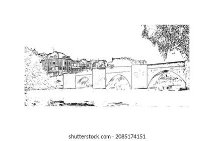 Building view with landmark of Limoges is the 
city in France. Hand drawn sketch illustration in vector.