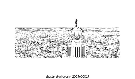 Building view with landmark of Lincoln is the capital city in Nebraska. Hand drawn sketch illustration in vector.