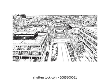 Building view with landmark of Lincoln is the capital city in Nebraska. Hand drawn sketch illustration in vector.