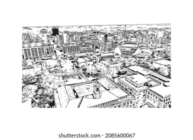 Building view with landmark of Lincoln is the capital city in Nebraska. Hand drawn sketch illustration in vector.