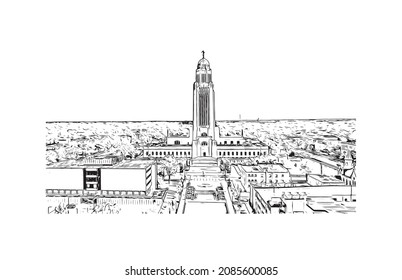 Building view with landmark of Lincoln is the capital city in Nebraska. Hand drawn sketch illustration in vector.