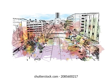 Building view with landmark of Lincoln is the capital city in Nebraska. watercolour splash with hand drawn sketch illustration in vector.