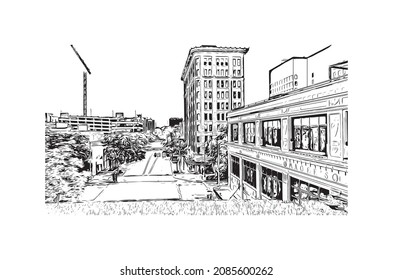Building view with landmark of Lincoln is the capital city in Nebraska. Hand drawn sketch illustration in vector.