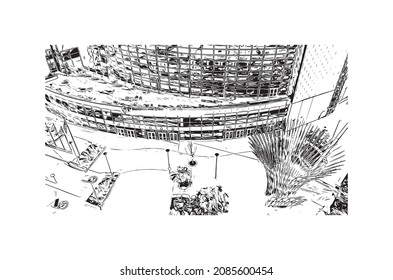 Building view with landmark of Lincoln is the capital city in Nebraska. Hand drawn sketch illustration in vector.